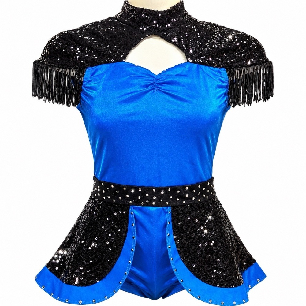 Majorette Costume Blue Black Sequin Juniors Fringe Baton Color Guard Dance Kelle